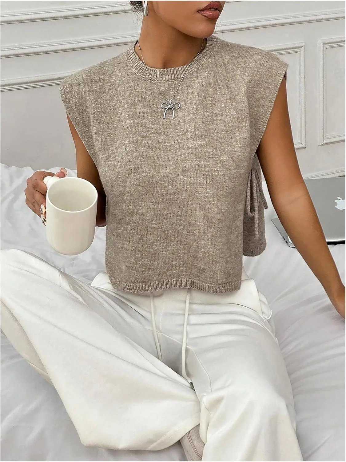 GORGLITTER Women's Cap Sleeve Sweater Tank Tops Cropped Sleeveless Side Tie Sweater Vest Crew Neck Causal Knit Top
