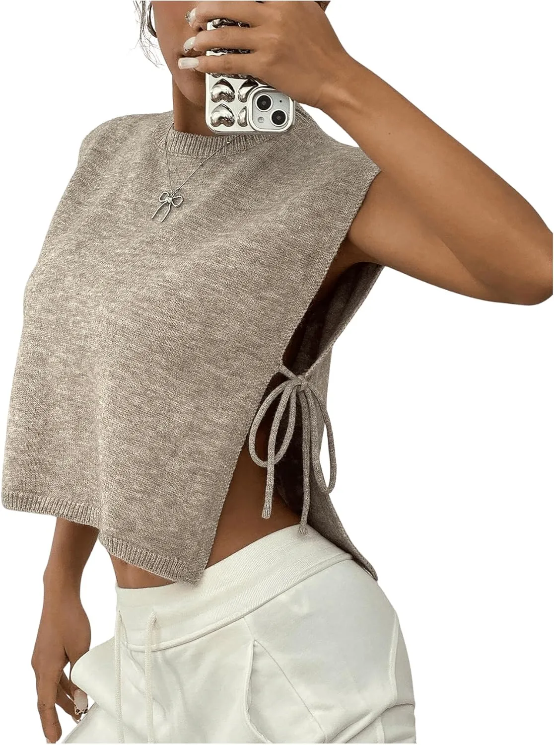 GORGLITTER Women's Cap Sleeve Sweater Tank Tops Cropped Sleeveless Side Tie Sweater Vest Crew Neck Causal Knit Top