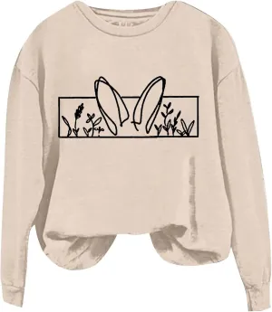 Happy Easter Sweatshirt for Women Cute Bunny Rabbit Graphic Crew Neck Sweat Shirts Trendy Easter Gifts Festival Tops