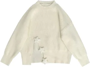 Harajuku Y2K Pastel Kawaii Gothic Fashion Crewneck Casual Stars Trim with Split Hem Knitted Pullover Sweater