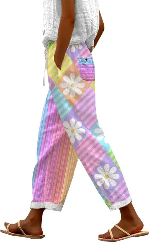 Hawaii Capri Linen Pants for Women Casual Tropical Floral Print Elastic High Waist Drawstring Summer Beach Trousers