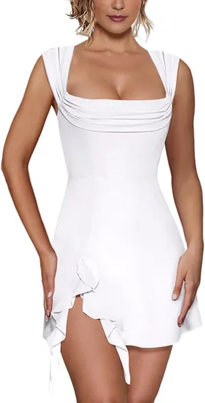 HESUUIO Womens Sexy Square Neck Mini Dress Elegant Sleeveless Bodycon Side Slit Ruffle Club Party Short Dresses