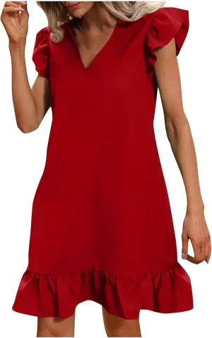 HGps8w Women's 2025 Summer Cute Babydoll Mini Dress Ruffle Sleeveless Loose Casual V Neck Swing Tunic Dress