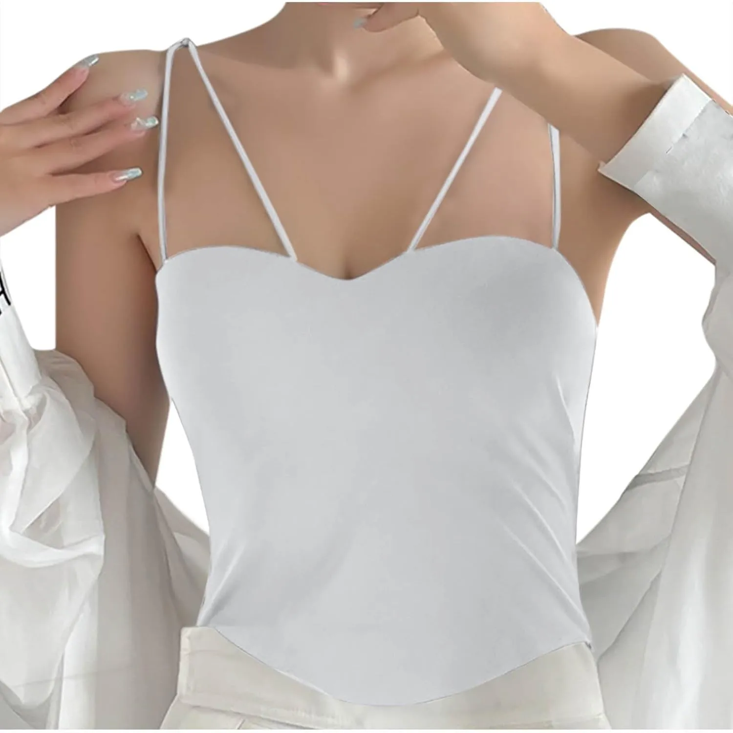HGps8w Women's Built in Bra Camisole Sexy Spaghetti Strap Tank Tops Bandeau Workout Yoga Undershirts