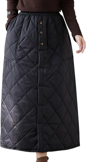 HGps8w Women's Winter Quilted Skirt, Loose Elastic Waist Casual Insulated Thicken Warm Maxi Long Down Skirts with Pockets