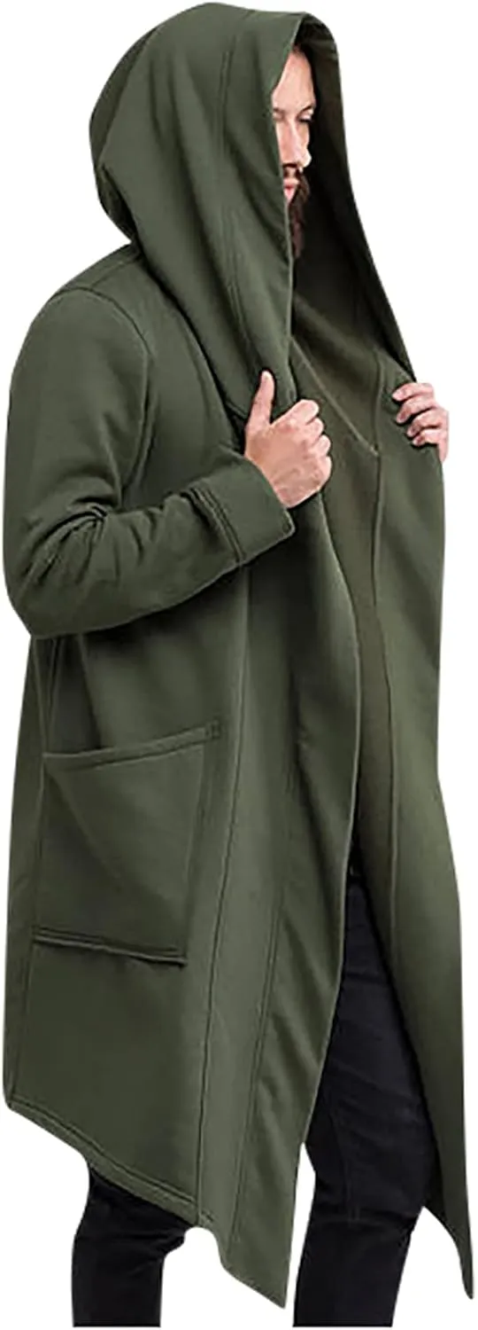 hhaappyy Men's Mid-Length Street Fashion Steampunk Cape Cloak with Hood Long Sleeve Fleece Cardigan Trench Coat with Pockets, Army Green, XX-Large