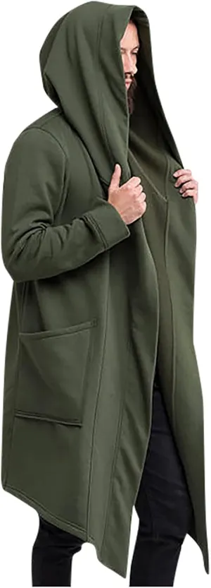 hhaappyy Men's Mid-Length Street Fashion Steampunk Cape Cloak with Hood Long Sleeve Fleece Cardigan Trench Coat with Pockets, Army Green, XX-Large