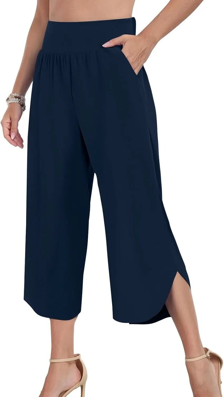 High Waist Capri Pants for Women Wide Leg Flowy Cropped Trousers Slim Fit Slit Hem Capris Casual Summer Crop