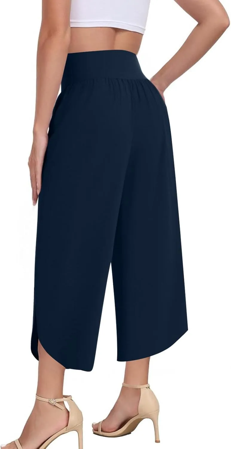 High Waist Capri Pants for Women Wide Leg Flowy Cropped Trousers Slim Fit Slit Hem Capris Casual Summer Crop