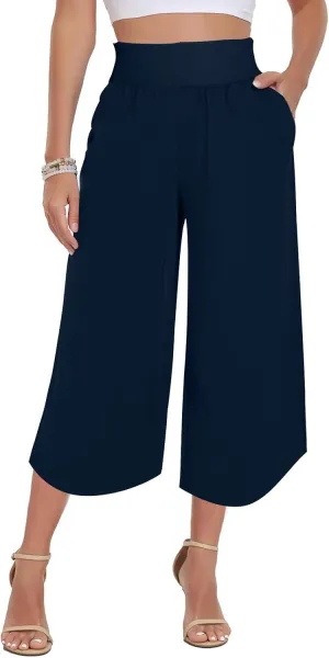 High Waist Capri Pants for Women Wide Leg Flowy Cropped Trousers Slim Fit Slit Hem Capris Casual Summer Crop