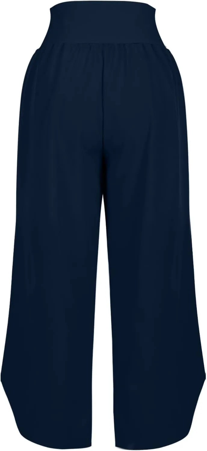 High Waist Capri Pants for Women Wide Leg Flowy Cropped Trousers Slim Fit Slit Hem Capris Casual Summer Crop