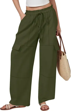 High Waisted Linen Pants Women Plus Size Baggy Wide Leg Palazzo Pants Lightweight Cargo Pant Summer Beach Pant