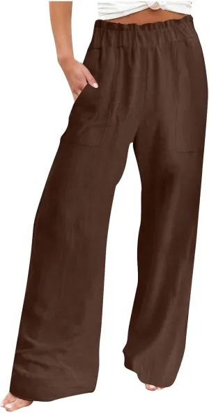 High Waisted Palazzo Pants Women Wide Leg Trousers, Casual Linen Pants with Pockets for Work or Lounge