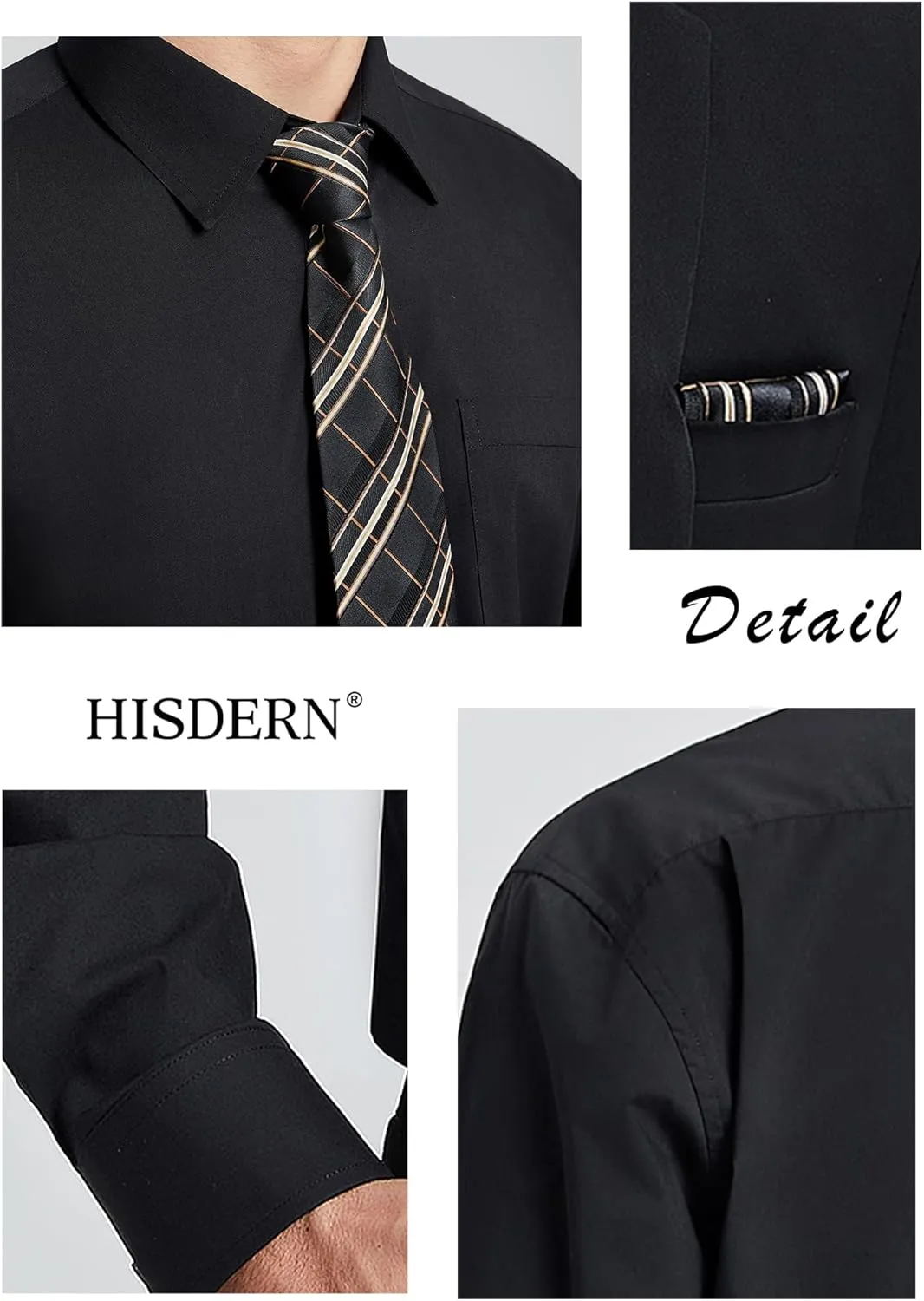 HISDERN Mens Dress Shirt and Tie Handkerchief Set Classic Long Sleeve Shirts Matching Ties Formal Button Down Shirts