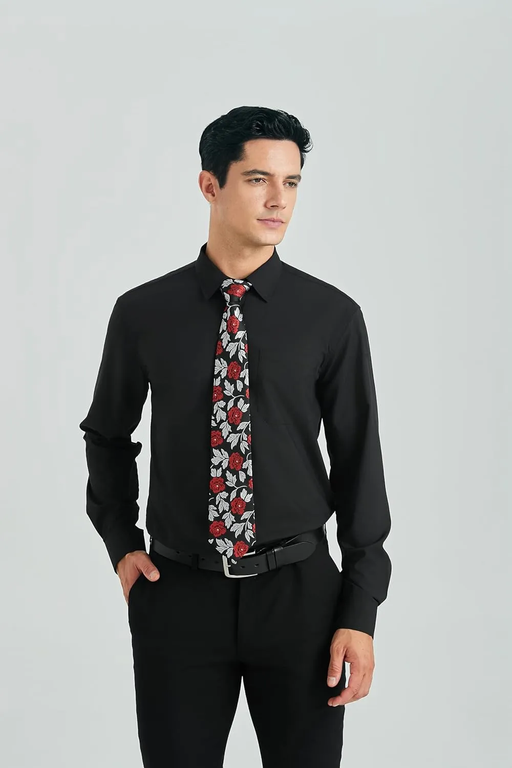 HISDERN Mens Dress Shirt and Tie Handkerchief Set Classic Long Sleeve Shirts Matching Ties Formal Button Down Shirts