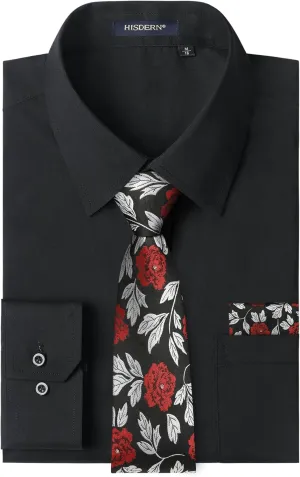 HISDERN Mens Dress Shirt and Tie Handkerchief Set Classic Long Sleeve Shirts Matching Ties Formal Button Down Shirts