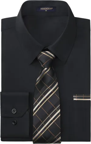 HISDERN Mens Dress Shirt and Tie Handkerchief Set Classic Long Sleeve Shirts Matching Ties Formal Button Down Shirts