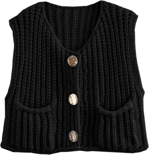 Hixiaohe Womens Crochet Chunky Knit Top Sleeveless Button Down Crop Tops Trendy Cardigan Sweater Vest for Women with Pockets