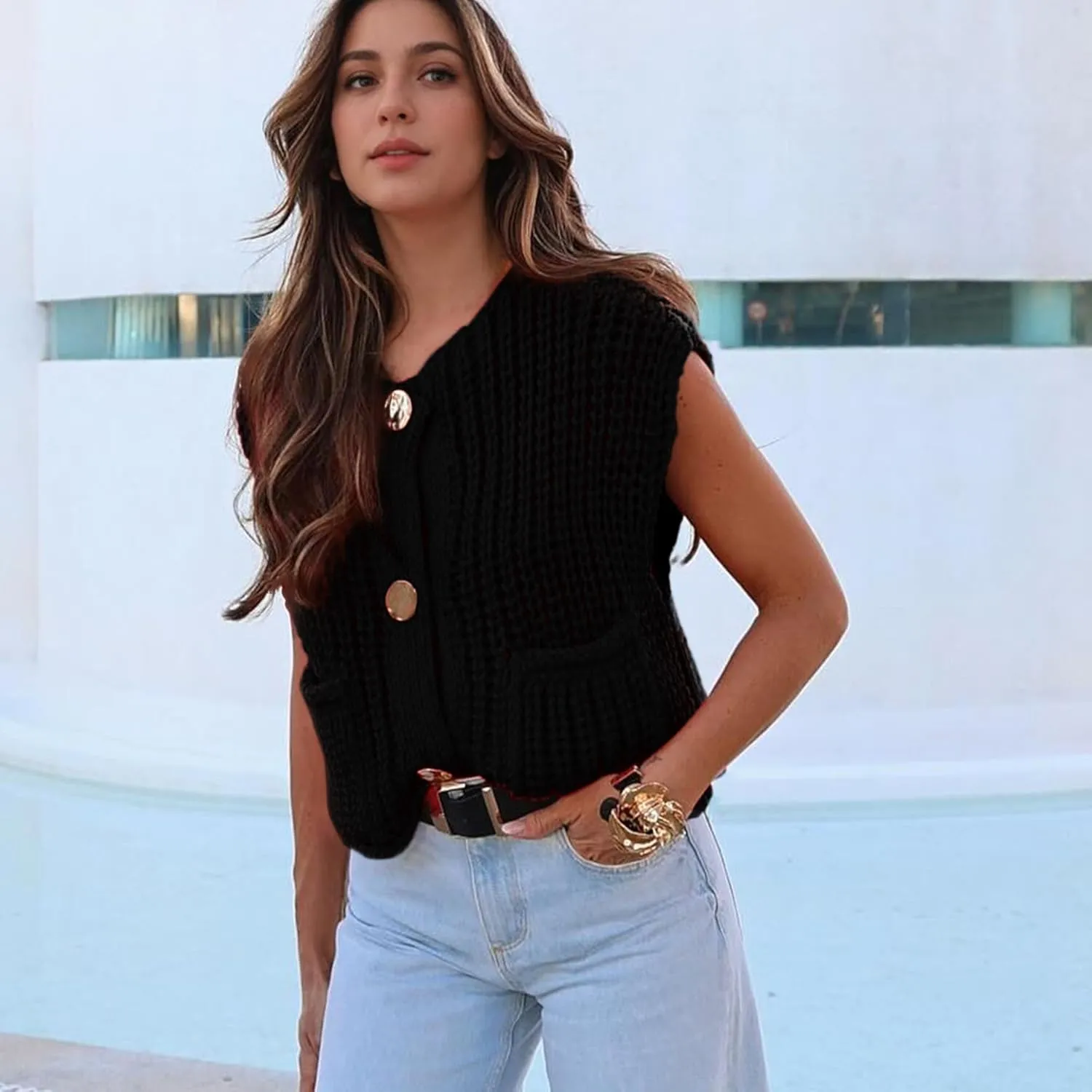 Hixiaohe Womens Crochet Chunky Knit Top Sleeveless Button Down Crop Tops Trendy Cardigan Sweater Vest for Women with Pockets