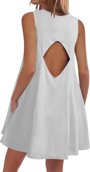 hlysgo A Line Dresses for Women Summer Cutout Back Sleeveless Mini Sundress Casual Loose Fit Coverup Beach Dress with Pocket