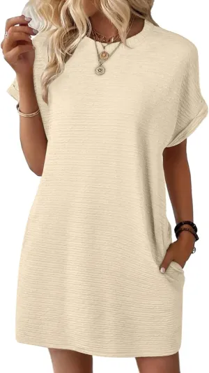 hlysgo Dress for Women 2025 Summer Loose Comfy Beach Mini Dress Casual Short Sleeve Crew Neck Going Out Dresses with Pockets
