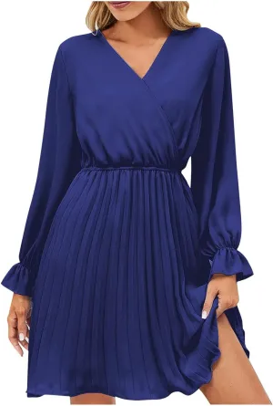 hlysgo Womens Casual Dresses 2025 Summer Slim Fit A-Line Flowy Beach Dress Trendy Long Sleeve V Neck Pleated Mini Dress