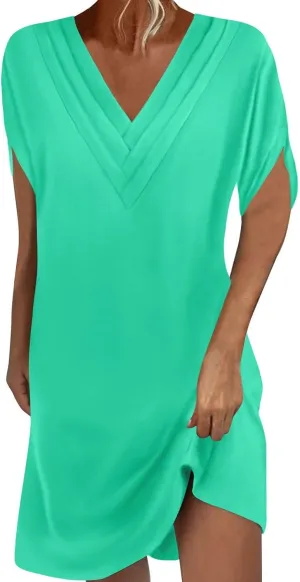 hlysgo Womens Summer Dress Casual Loose Fit Short Sleeve V Neck Mini Dress Cute Knee Length Lounge Dresses for Teen Girls