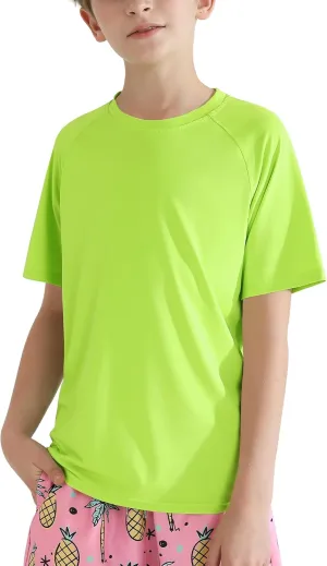 Hotfiary Boys Short Sleeve Rash Guard UPF50  Swim Shirt Quick Dry Water Sun Neon Athletic Shirts for Girls Kids Youth 5-14 Y