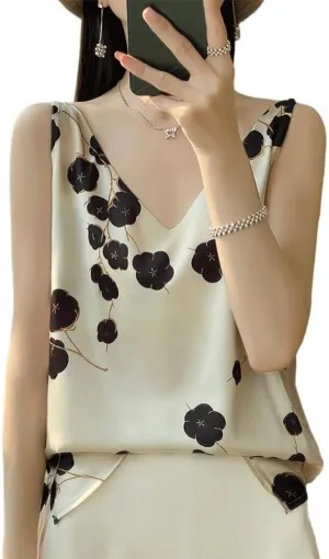 Ice Silk Loose Printed V-Neck Short Temperament Inner Top Shoulder Camisole Shirt(XXX-Large)