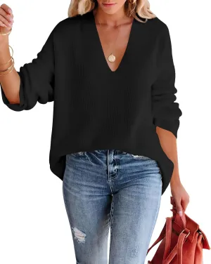 Imily Bela Womens Oversized Deep V Neck Sweaters Sexy Long Sleeve Tunic Sweater Knitted Dressy Pullover Jumper