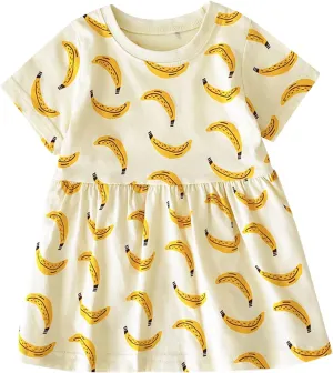 Infant Toddler Girls Short Sleeve Casual Dress Fruits Print Sundress A-Line Pleated Beach Dress