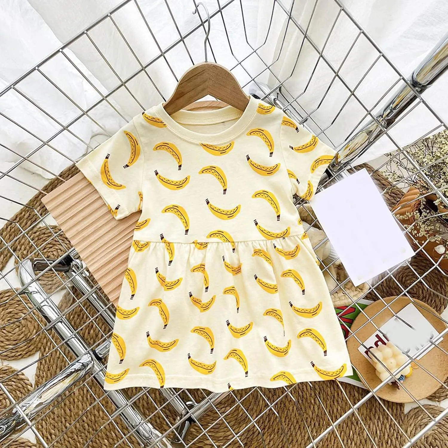 Infant Toddler Girls Short Sleeve Casual Dress Fruits Print Sundress A-Line Pleated Beach Dress