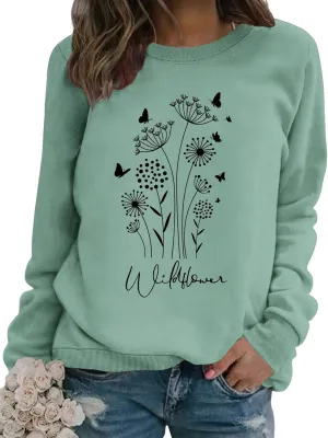 JBF Cloth Flower Sweatshirt Womens 80s Vintage Minimalistic Floral Printed Long Sleeves Sweatshirt Pullovers Tops