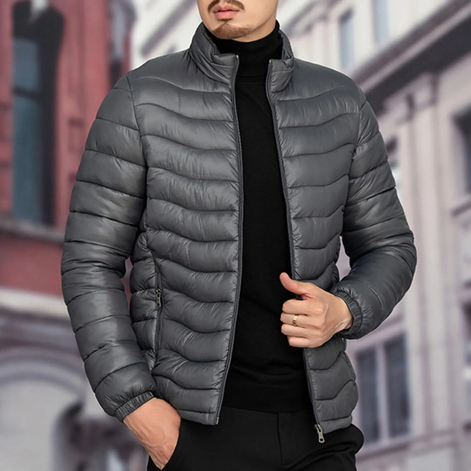 JEsilunmaMY Men's Warm Cropped Down Jacket Lightweight Stand Collar Packable Puffer Jacket Fall Winter Padded Cotton Coat