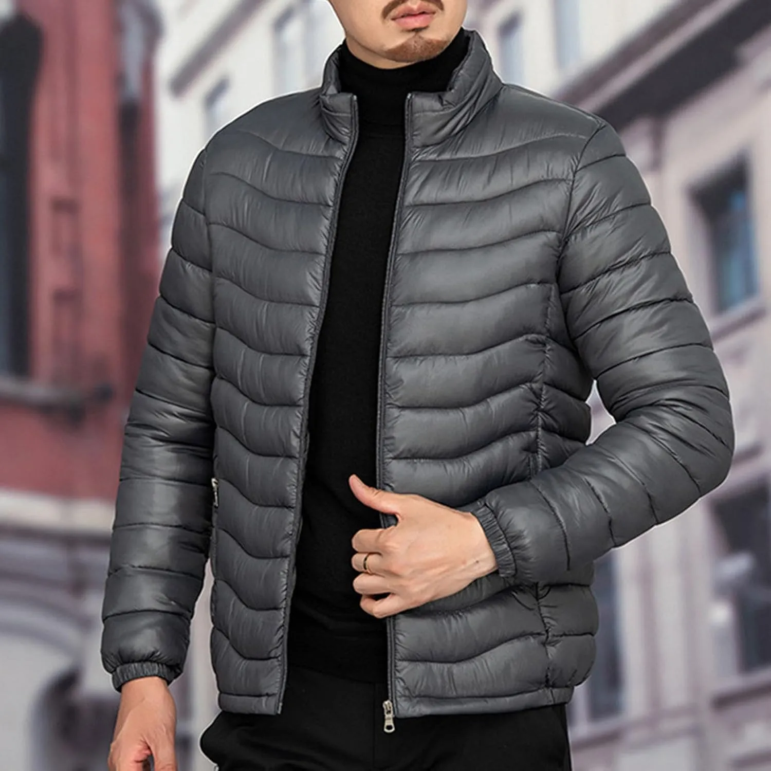 JEsilunmaMY Men's Warm Cropped Down Jacket Lightweight Stand Collar Packable Puffer Jacket Fall Winter Padded Cotton Coat