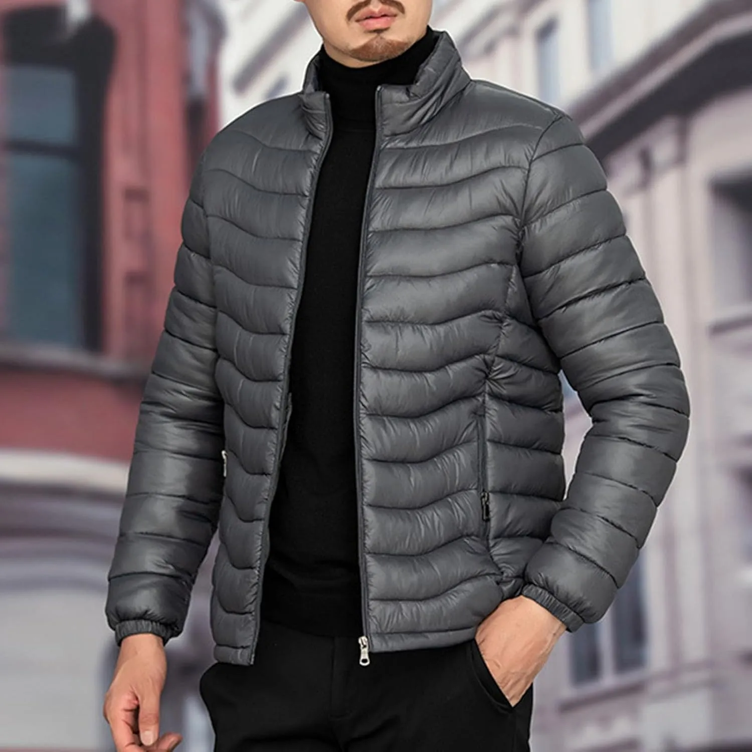 JEsilunmaMY Men's Warm Cropped Down Jacket Lightweight Stand Collar Packable Puffer Jacket Fall Winter Padded Cotton Coat
