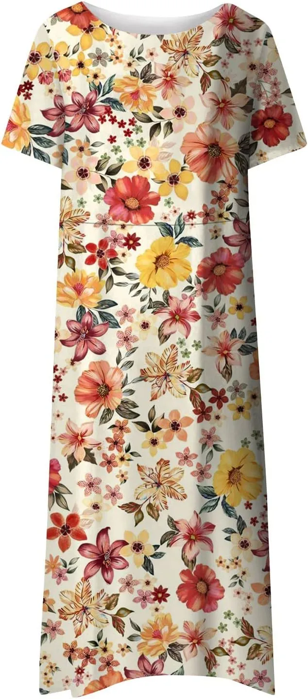 JJHAEVDY Dresses for Women Short Sleeve Crewneck Midi Dress High Waist Printed Dresses Loose Boho Dress Flowy Summer Dresses
