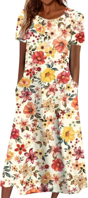 JJHAEVDY Dresses for Women Short Sleeve Crewneck Midi Dress High Waist Printed Dresses Loose Boho Dress Flowy Summer Dresses