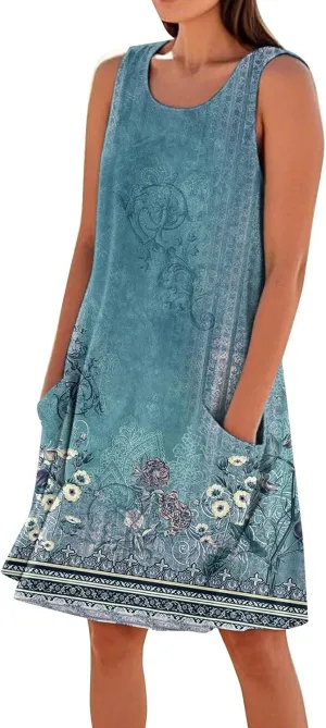 JJHAEVDY Summer Dresses for Women 2025 Beach U Neck Tank Dress Loose Sleeveless T Shirt Dress Casual Sundresses with Pockets