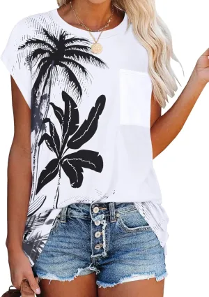 JOELLYUS Cap Sleeve Tops for Women Summer T Shirts with Pocket Basic Tees Casual Loose Fit Round Neck Top
