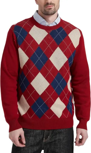 Kallspin Men's Wool Blend Crewneck Sweater Argyle Long Sleeve Pullover Sweater for Casual Or Dressy Wear