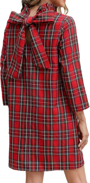 Kedera Women's Fall Bow Tie Dress Casual Mini Dress Ruffle Mock Neck Long Sleeve Dress Swing Elegant Shift Dress
