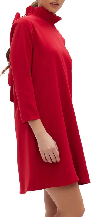 Kedera Women's Fall Bow Tie Dress Casual Mini Dress Ruffle Mock Neck Long Sleeve Dress Swing Elegant Shift Dress