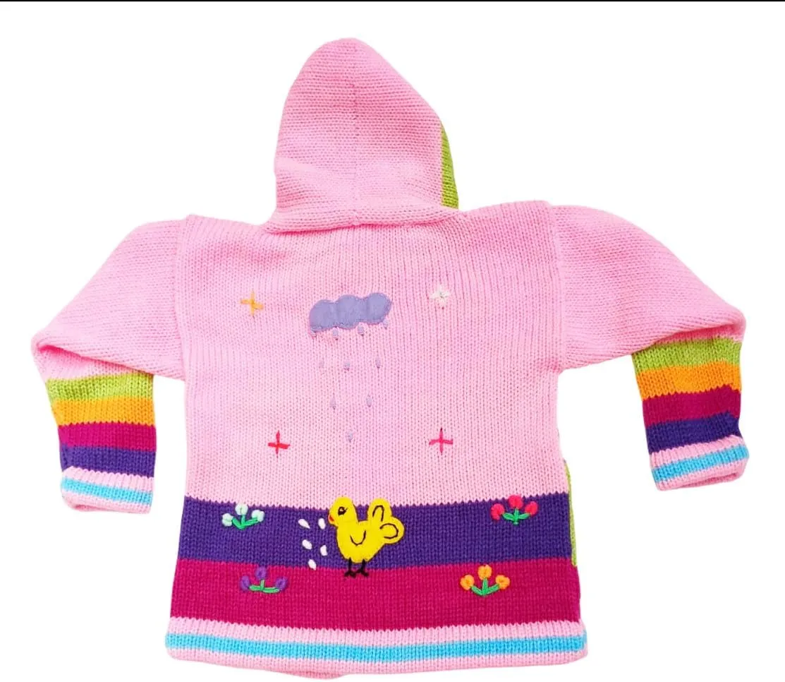 Kids Sweater Handmade Cardigan with Embroidered Details Sweater Hooded Girl Boy Peru Ecuador Bolivia Chile Arpilleras Style.