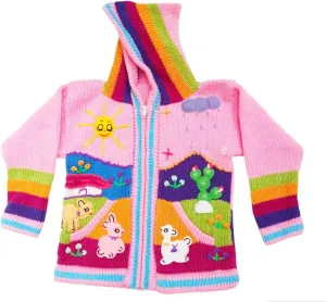 Kids Sweater Handmade Cardigan with Embroidered Details Sweater Hooded Girl Boy Peru Ecuador Bolivia Chile Arpilleras Style.