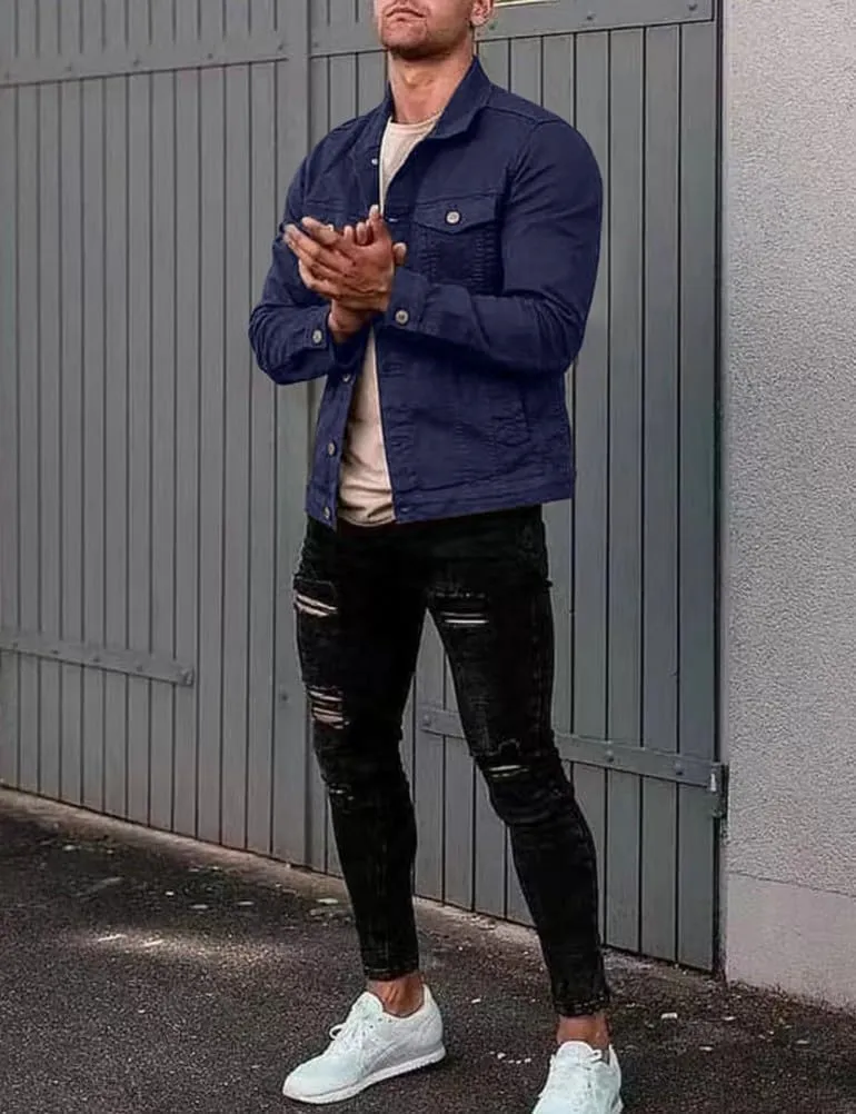Kinghua Mens Denim Jacket Button Up Long Sleeve Slim Fit Jean Jacket Casual Fall Coat
