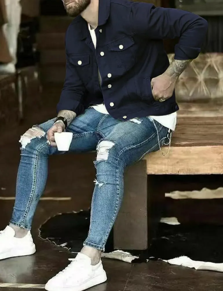 Kinghua Mens Denim Jacket Button Up Long Sleeve Slim Fit Jean Jacket Casual Fall Coat