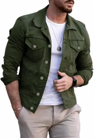 Kinghua Mens Denim Jacket Button Up Long Sleeve Slim Fit Jean Jacket Casual Fall Coat