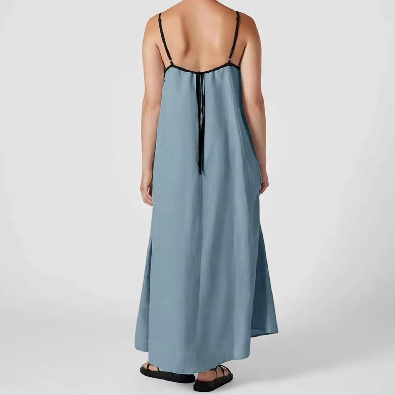 Kubbon Womens Linen Maxi Dress 2025 Summer Contrast Spaghetti Strap Dress Casual Sleeveless T Shirt Beach Dresses