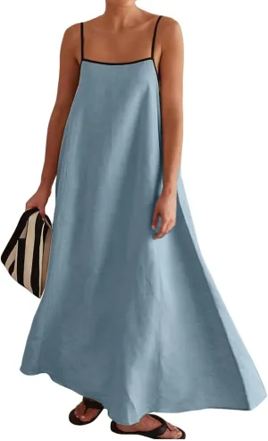 Kubbon Womens Linen Maxi Dress 2025 Summer Contrast Spaghetti Strap Dress Casual Sleeveless T Shirt Beach Dresses